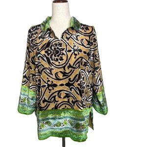 Vtg Womens Green Paisley Print Handmade Top Bohemian Blouse Long Sleeve 60s Sz M